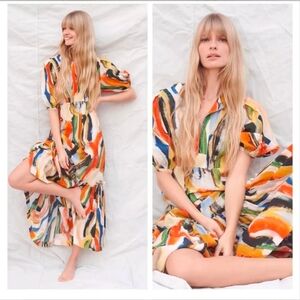 Anthropologie Maeve Suzannah Colorful Printed Puff Sleeved Maxi Dress Size XL